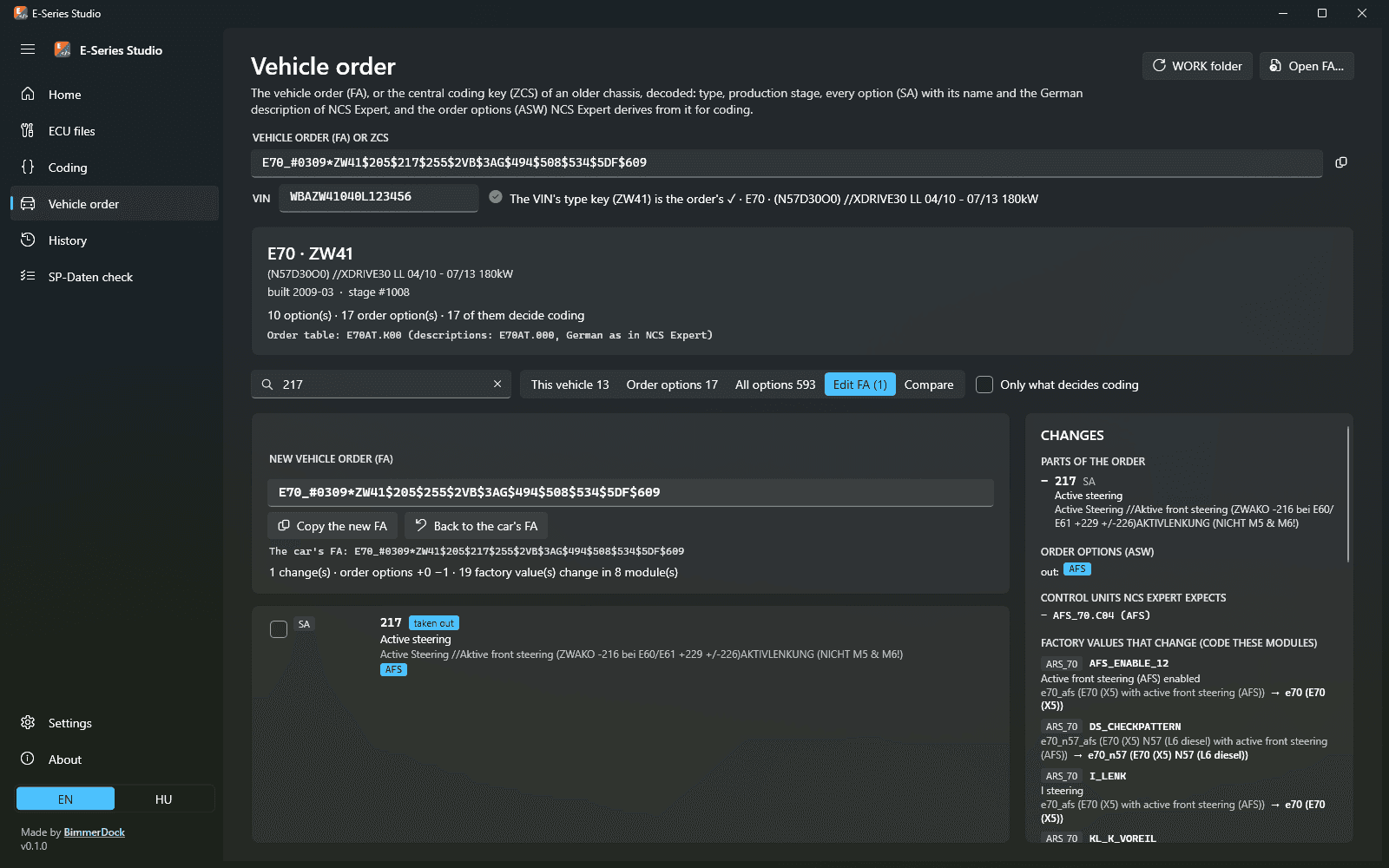 E-Series Studio vehicle order editor: SA 217 active steering taken out of an E70 X5 order, with the resulting changes