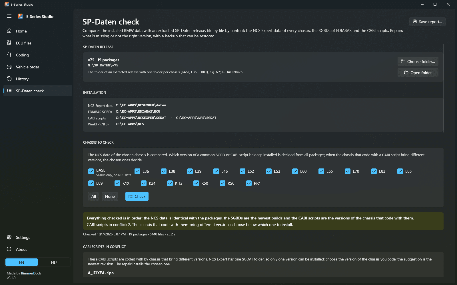 E-Series Studio SP-Daten check: 19 chassis packages and 5440 files verified against the installation